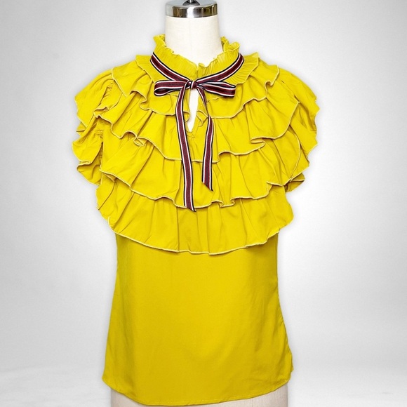 Love Song Tops - Love Song Mustard Yellow Ruffled High Neck Collared Blouse